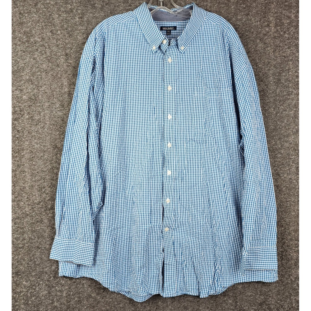 MIX & NY Button Down Shirt Mens 3XL Blue Gingham Long Sleeve Cotton